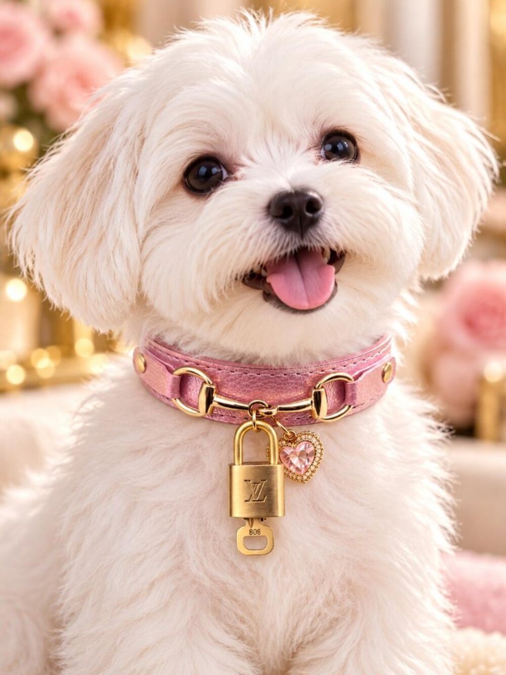Authentic Louis Vuitton Gold Padlock & Key + Unbranded Pet Collar Dog Cat